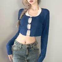 Cotton Women Long Sleeve Blouses & two piece knitted Solid blue Set