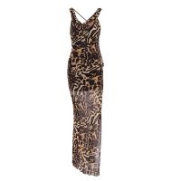 Polyester long style One-piece Dress side slit & backless printed leopard coffee PC