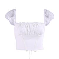 Polyester & Cotton Slim & Crop Top Women Short Sleeve T-Shirts backless Lace patchwork white PC