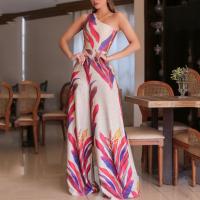 Polyester Wide Leg Trousers Long Jumpsuit & One Shoulder printed leaf pattern mixed colors PC