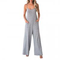 Cotton Wide Leg Trousers Long Jumpsuit & with pocket Polyester embroidered Solid gray PC