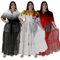 Polyester long style & Plus Size One-piece Dress large hem design & deep V printed PC