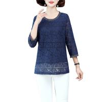 Polyester Women Five Point Sleeve T-shirt & loose & hollow Lace Solid blue PC