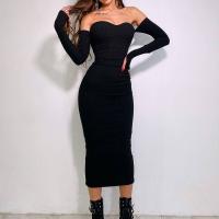 Spandex & Polyester One-piece Dress mid-long style & backless & tube patchwork Solid black PC
