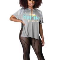 Polyester & Cotton Women Short Sleeve T-Shirts side slit & loose printed letter PC