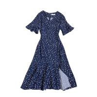 Polyester One-piece Dress large hem design & mid-long style & deep V & side slit dot : PC