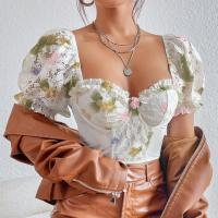 Spandex & Polyester Waist-controlled Women Short Sleeve T-Shirts backless patchwork floral white PC