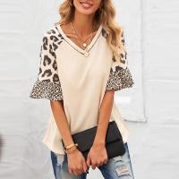 Polyester Women Five Point Sleeve T-shirt slimming printed leopard khaki PC