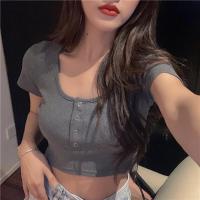 Polyester Crop Top Women Short Sleeve T-Shirts patchwork Solid PC