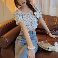 Polyester Crop Top Women Short Sleeve Blouses printed shivering PC