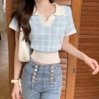 Polyester Women Short Sleeve T-Shirts slimming knitted plaid : PC