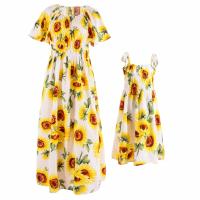 Polyester Parent-child Dress & loose printed floral yellow PC