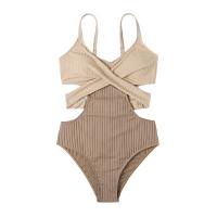 Polyester Lace Up One-piece Swimsuit backless brown PC