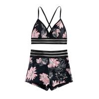 Polyester High Waist Tankinis Set flexible & backless & two piece printed floral black Set