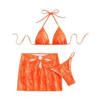 Polyester Bikini deep V & backless & three piece printed Others orange Set