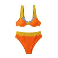 Polyester High Waist Bikini flexible & backless & two piece Solid orange Set