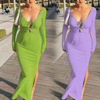 Polyester Slim & High Waist Sexy Package Hip Dresses deep V & side slit & hollow patchwork Solid PC