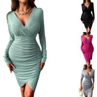 Rib Lycra Waist-controlled & Slim Sexy Package Hip Dresses deep V patchwork Solid PC