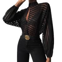 Polyester Slim Women Long Sleeve Blouses see through look patchwork striped black PC