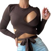 Milk Fiber Slim & Crop Top Women Long Sleeve T-shirt & hollow patchwork Solid coffee PC
