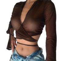 Polyester Slim & Crop Top Women Long Sleeve Blouses see through look patchwork Solid coffee PC
