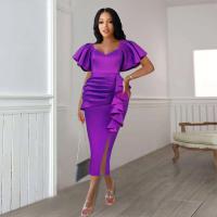 Spandex & Polyester scallop & Plus Size & Step Skirt One-piece Dress side slit patchwork Solid purple PC