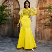 Spandex & Polyester long style & Plus Size & Step Skirt One-piece Dress see through look patchwork Solid yellow PC
