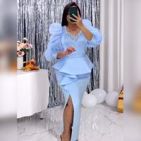 Spandex & Polyester Plus Size One-piece Dress see through look & side slit & with beading patchwork Solid sky blue PC