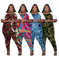Acetate Fiber Plus Size Women Casual Set & two piece Long Trousers & top printed camouflage Set