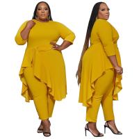 Polyester stringy selvedge & Plus Size Women Casual Set irregular & two piece Long Trousers & top Solid yellow Set