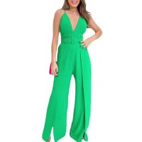Polyester Wide Leg Trousers & front slit & High Waist Long Jumpsuit & with belt Solid PC