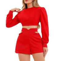 Polyester High Waist Women Casual Set & two piece & hollow short pants & top Solid Set