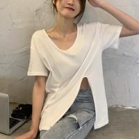 Polyester Women Short Sleeve T-Shirts side slit patchwork Solid PC
