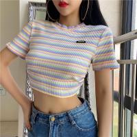 Polyester Women Short Sleeve T-Shirts backless printed striped PC