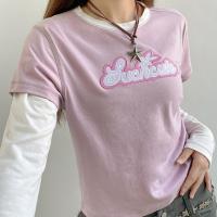 Polyester Women Long Sleeve T-shirt & fake two piece patchwork letter purple PC