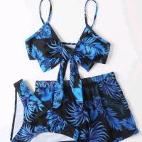 Poliéster Bikini, impreso, floral, azul profundo,  Conjunto
