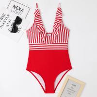 Polyester One-piece Swimsuit slimming & deep V & backless printed striped PC