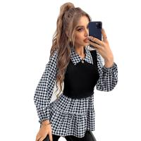 Polyester Slim Women Long Sleeve Blouses & fake two piece patchwork plaid two different colored PC