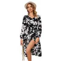 Polyester & Cotton One-piece Dress mid-long style & deep V & side slit printed Plant PC