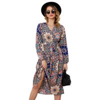 Polyester & Cotton Plus Size One-piece Dress mid-long style & deep V printed Plant PC