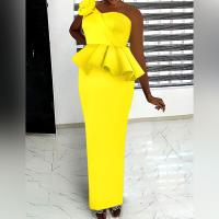 Spandex & Polyester Plus Size Long Evening Dress back split & fake two piece & One Shoulder patchwork Solid yellow PC