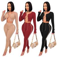 Polyester Lace Up Women Casual Set & two piece Long Trousers & top patchwork Solid Set