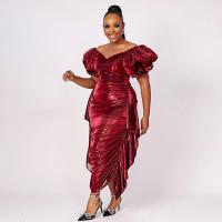 Spandex & Polyester Plus Size Sexy Package Hip Dresses mid-long style & deep V gold foil print Solid wine red PC