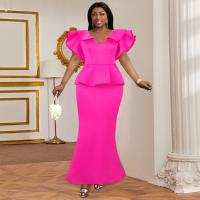 Spandex & Polyester Waist-controlled & scallop & Plus Size One-piece Dress deep V patchwork Solid fuchsia PC