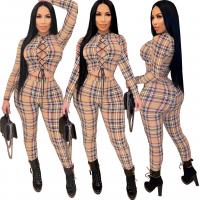 Polyester Women Casual Set & two piece Long Trousers & top printed plaid Set