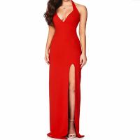 Polyester long style One-piece Dress deep V & side slit & backless patchwork Solid red PC
