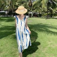 Cashmere long style One-piece Dress deep V & loose striped blue PC