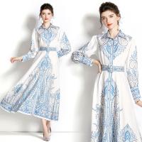 Polyester long style One-piece Dress & with belt printed Plant white PC