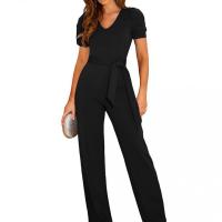 Polyester Long Jumpsuit deep V Solid PC