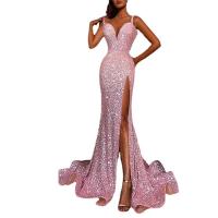 Polyester Waist-controlled & Slim Long Evening Dress deep V & side slit patchwork Solid pink PC